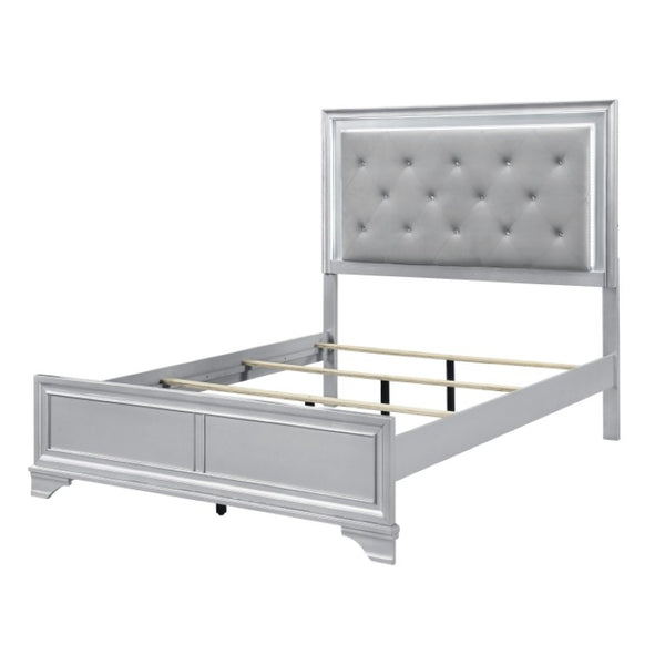 English Elm California King Bedroom Set Glam Silver Finish LED Tufted Headboard with Storage B011S07316