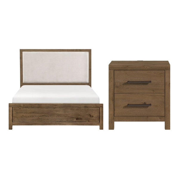 English Elm Queen Bedroom Set with Oak Veneer Upholstered Headboard and Built-In USB Charging Ports B011S07329