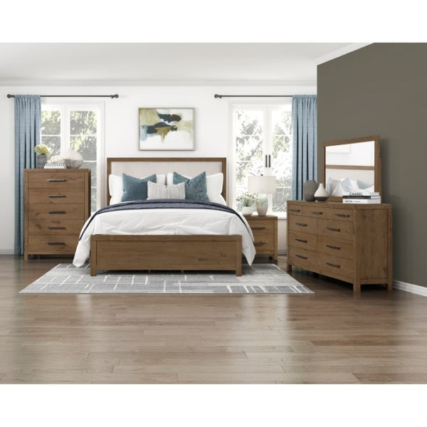 English Elm Queen Bedroom Set with Oak Veneer Upholstered Headboard and Built-In USB Charging Ports B011S07329