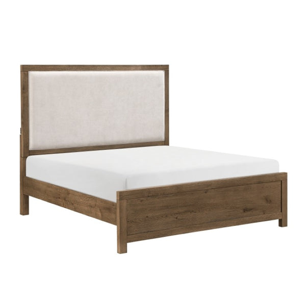 English Elm Queen Bedroom Set with Oak Veneer Upholstered Headboard and Built-In USB Charging Ports B011S07329