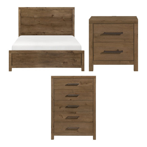 English Elm California King Bedroom Set French Oak Veneer with USB Charging and Five Drawer Chest B011S07338