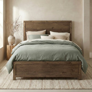 English Elm Queen Bed Set French Oak Veneer with USB Charging Ports and Two Nightstands B011S07340