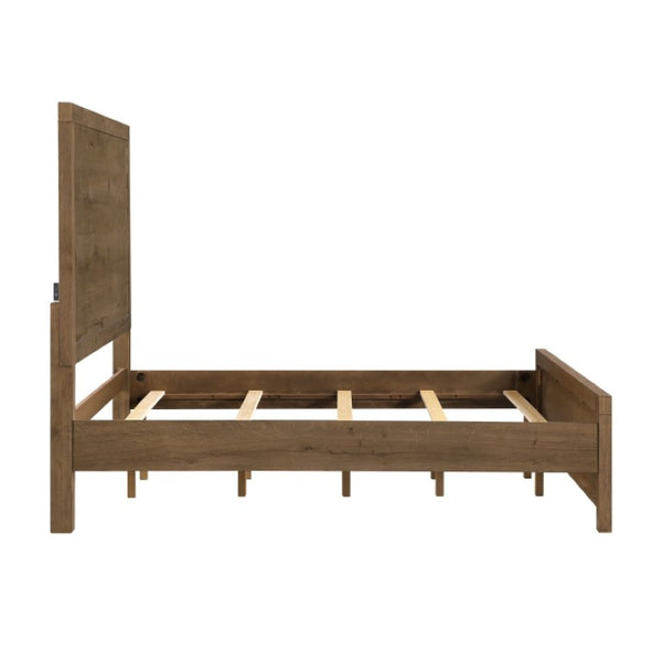 English Elm Queen Bed Set French Oak Veneer with USB Charging Ports and Two Nightstands B011S07340