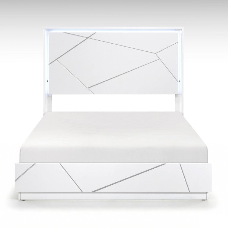 English Elm California King Bed Set with LED Headboard Geometric White Frame and Nightstand B011S07347