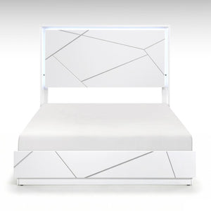 English Elm California King Bed Set with LED Headboard Geometric White Frame and Nightstand B011S07347