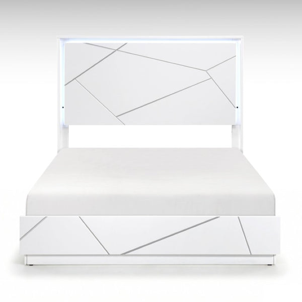 English Elm California King Bed Set with LED Headboard Geometric White Frame and Nightstand B011S07347