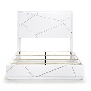 English Elm California King Bed Set with LED Headboard Geometric White Frame and Nightstand B011S07347
