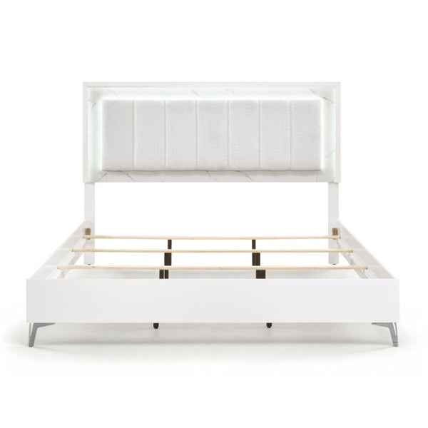 English Elm California King Bed Set Chenille Tufted Headboard with LED Lighting and Faux Marble B011S07358