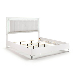 English Elm California King Bed Set Chenille Tufted Headboard with LED Lighting and Faux Marble B011S07358