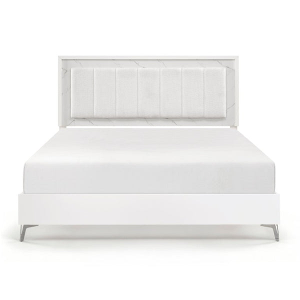 English Elm California King Bed Set Chenille Tufted Headboard with LED Lighting and Faux Marble B011S07358