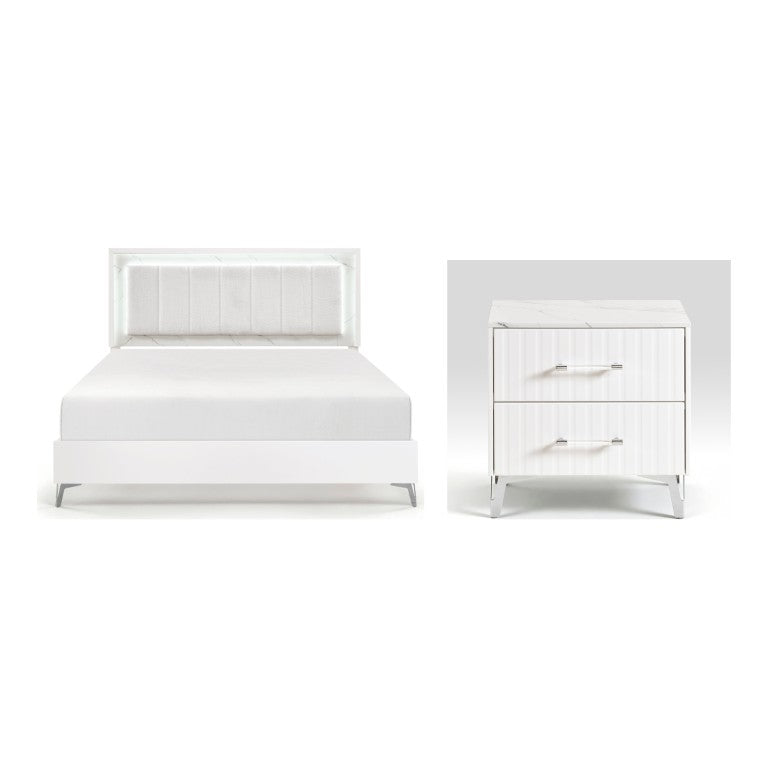 English Elm California King Bedroom Set Chenille Tufted Headboard with LED Lighting and Faux Marble B011S07359