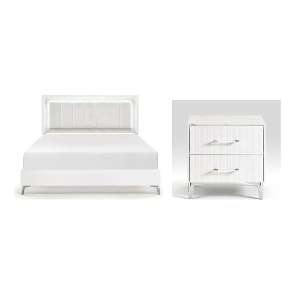 English Elm California King Bedroom Set Chenille Tufted Headboard with LED Lighting and Faux Marble B011S07359