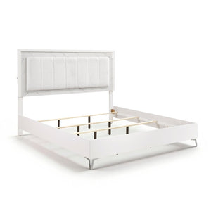 English Elm California King Bedroom Set Chenille Tufted Headboard with LED Lighting and Faux Marble B011S07359