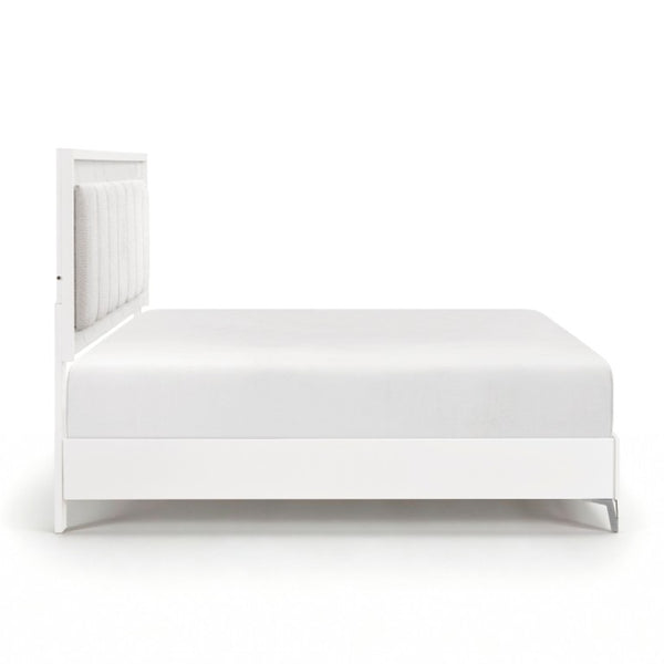 English Elm California King Bedroom Set Chenille Tufted Headboard with LED Lighting and Faux Marble B011S07359