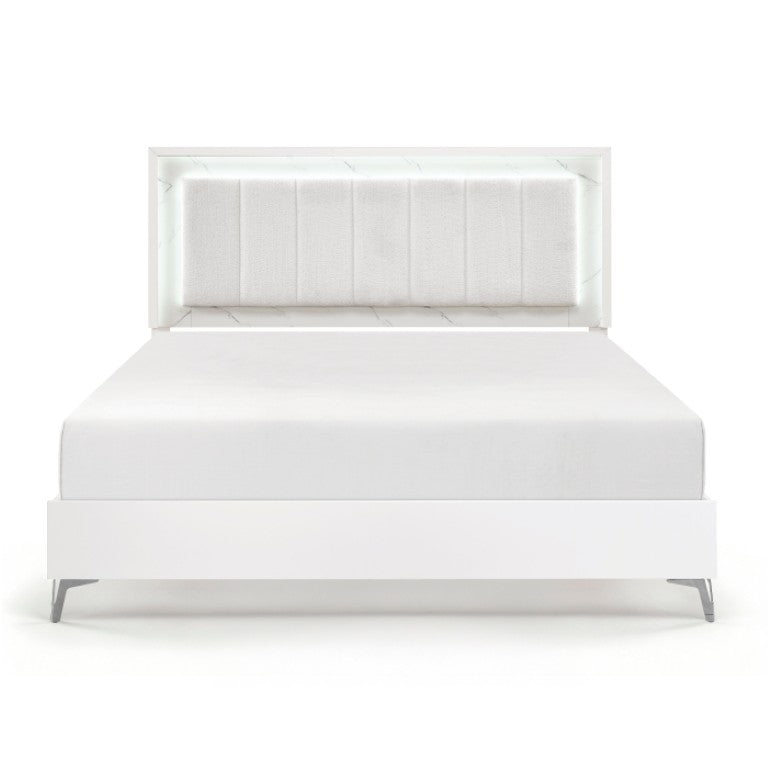 English Elm California King Bedroom Set Chenille Tufted Headboard with LED Lighting and Faux Marble B011S07359