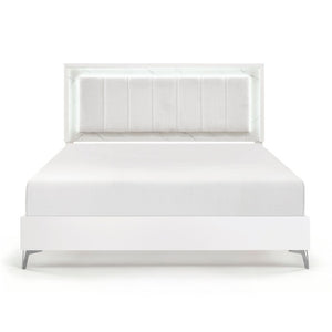 English Elm California King Bedroom Set Chenille Tufted Headboard with LED Lighting and Faux Marble B011S07359