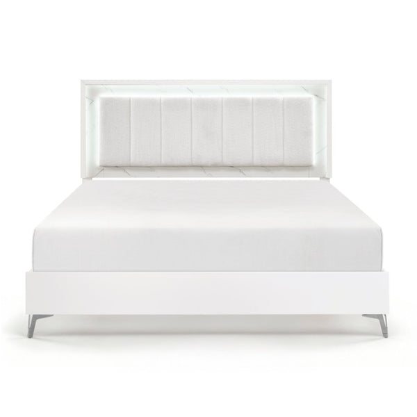 English Elm California King Bedroom Set Chenille Tufted Headboard with LED Lighting and Faux Marble B011S07359