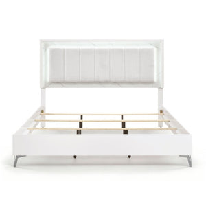 English Elm California King Bedroom Set Chenille Tufted Headboard with LED Lighting and Faux Marble B011S07359