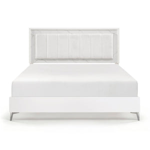 English Elm California King Bedroom Set Chenille Tufted Headboard with LED Lighting and Faux Marble B011S07359