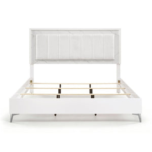 English Elm California King Bedroom Set Chenille Tufted Headboard with LED Lighting and Faux Marble B011S07359