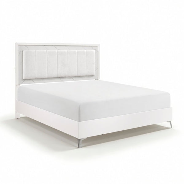 English Elm California King Bedroom Set Chenille Tufted Headboard with LED Lighting and Faux Marble B011S07359