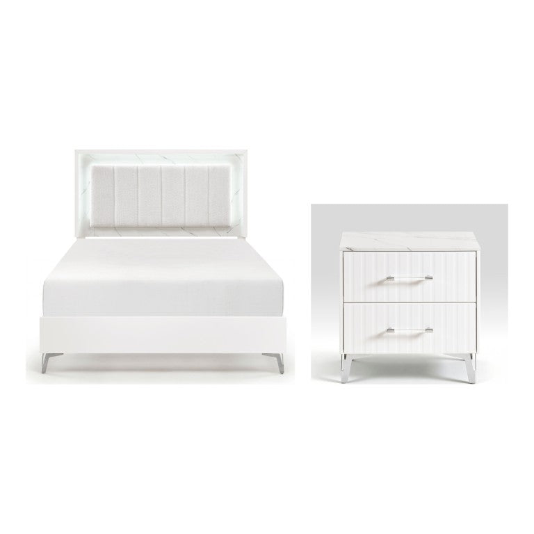 English Elm Queen Bedroom Set with LED Headboard Chenille Tufting and Faux Marble Nightstands B011S07362
