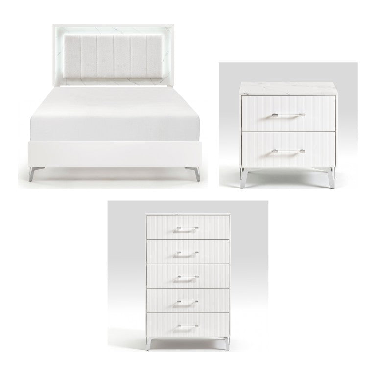 English Elm Queen Bedroom Set with LED Headboard Faux Marble Accents and Chrome Legs B011S07363