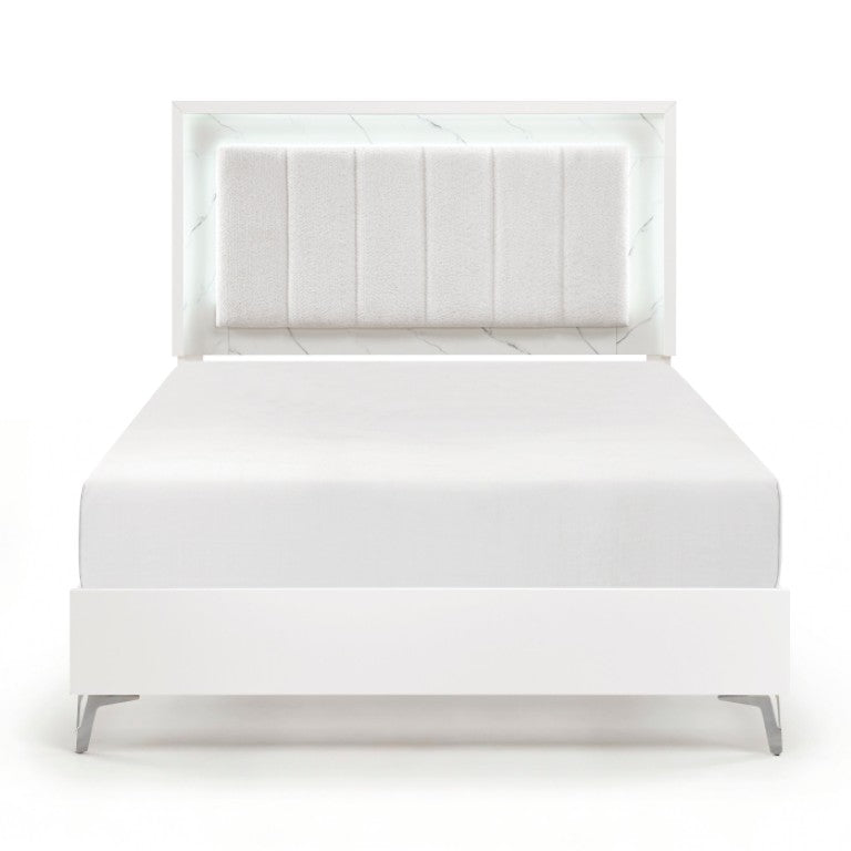 English Elm Queen Bedroom Set with LED Headboard Faux Marble Accents and Chrome Legs B011S07363