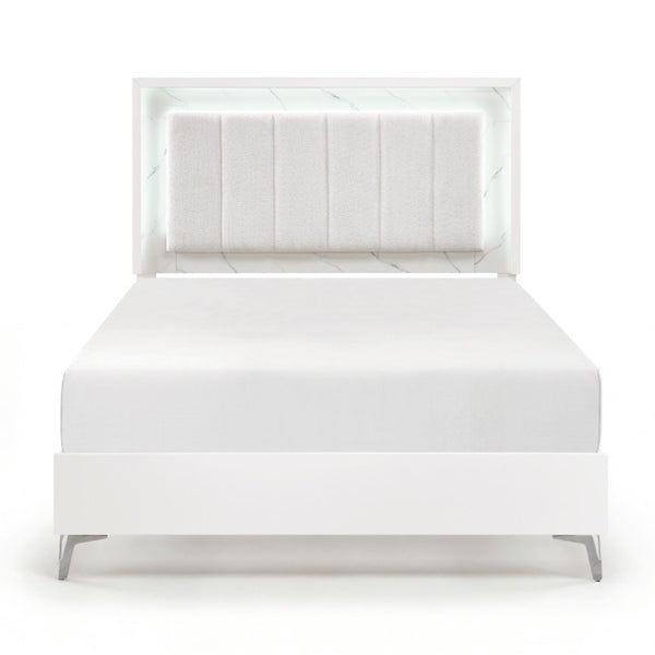 English Elm Queen Bedroom Set with LED Headboard Faux Marble Accents and Chrome Legs B011S07363