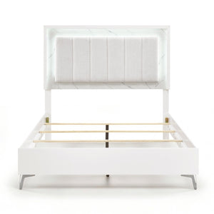 English Elm Queen Bedroom Set with LED Headboard Faux Marble Accents and Chrome Legs B011S07363