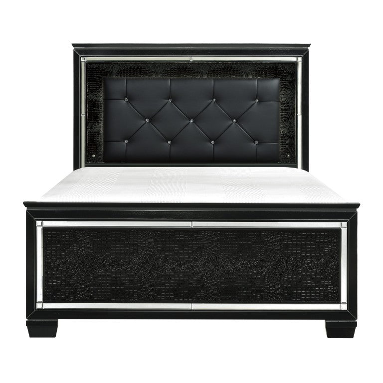 English Elm Black California King Bed LED Lit Tufted Faux Leather Glam Panel Headboard Mirror Trim B011S07376