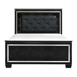 English Elm Black California King Bed LED Lit Tufted Faux Leather Glam Panel Headboard Mirror Trim B011S07376