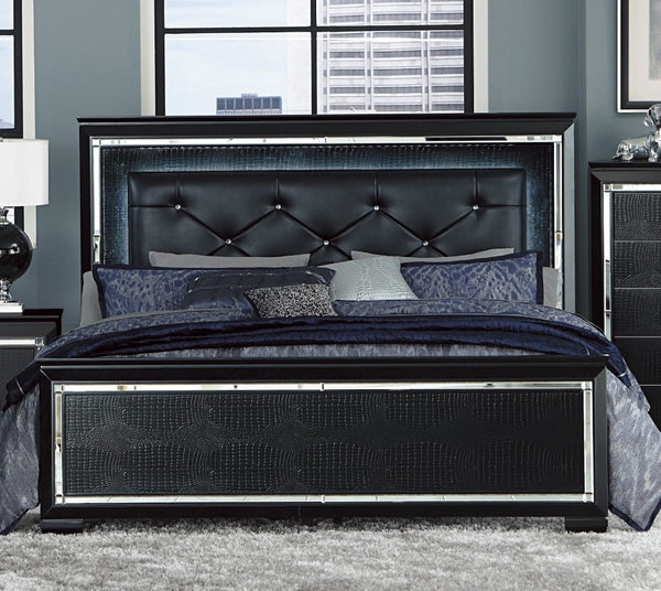 English Elm Black Full Platform Bed with LED Headboard Tufted Faux Leather and Mirrored Glam Panel B011S07377