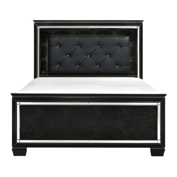 English Elm Black Full Platform Bed with LED Headboard Tufted Faux Leather and Mirrored Glam Panel B011S07377