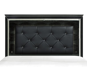English Elm Black Full Platform Bed with LED Headboard Tufted Faux Leather and Mirrored Glam Panel B011S07377