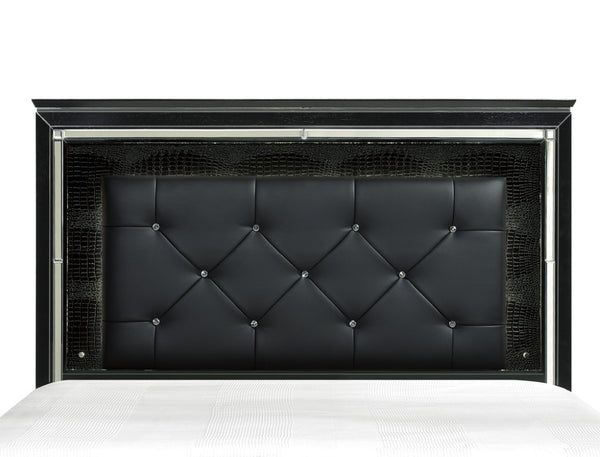 English Elm Black Full Platform Bed with LED Headboard Tufted Faux Leather and Mirrored Glam Panel B011S07377