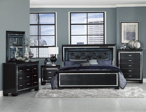 English Elm Black Full Platform Bed with LED Headboard Tufted Faux Leather and Mirrored Glam Panel B011S07377