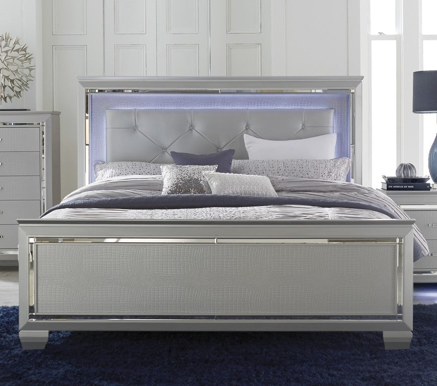 English Elm Glam California King Bed with LED Backlighting Tufted Faux Leather and Mirror Trim B011S07379