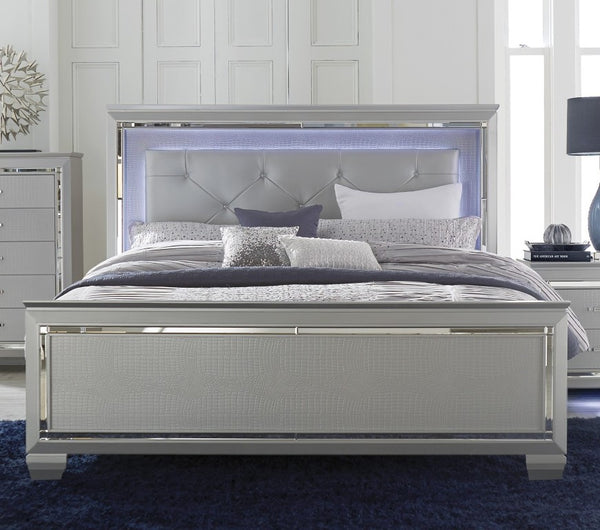 English Elm Glam California King Bed with LED Backlighting Tufted Faux Leather and Mirror Trim B011S07379