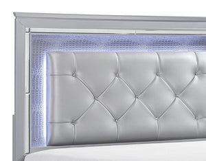 English Elm Glam California King Bed with LED Backlighting Tufted Faux Leather and Mirror Trim B011S07379