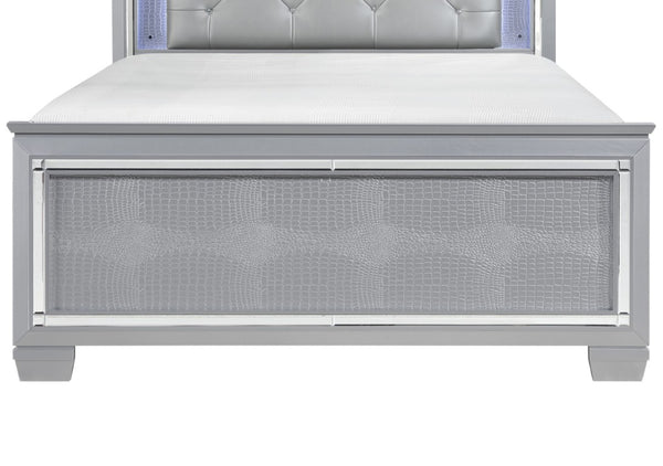 English Elm Glam California King Bed with LED Backlighting Tufted Faux Leather and Mirror Trim B011S07379