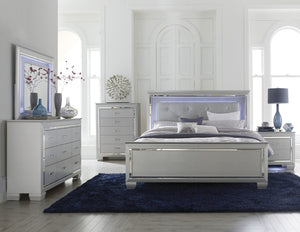 English Elm Glam California King Bed with LED Backlighting Tufted Faux Leather and Mirror Trim B011S07379