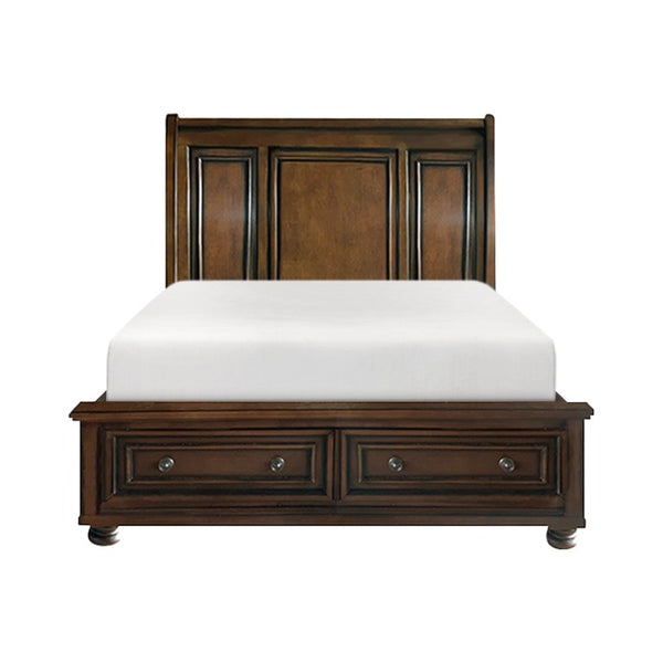 English Elm Queen Bedroom Set with Nightstands Birch Veneer Carved Footboard Storage Traditional Style B011S07382