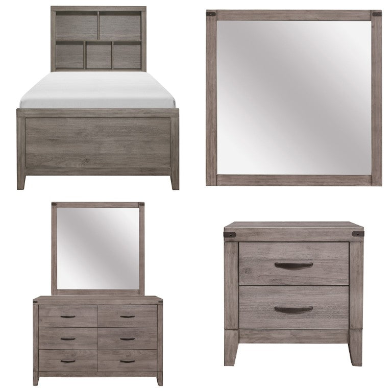 English Elm Twin Platform Bedroom Set Industrial Style Bookcase Headboard with Trundle and Storage B011S07436