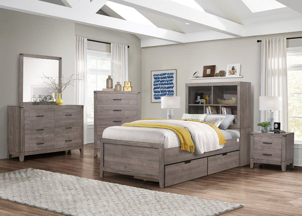 English Elm Twin Platform Bedroom Set Industrial Style Bookcase Headboard with Trundle and Storage B011S07436