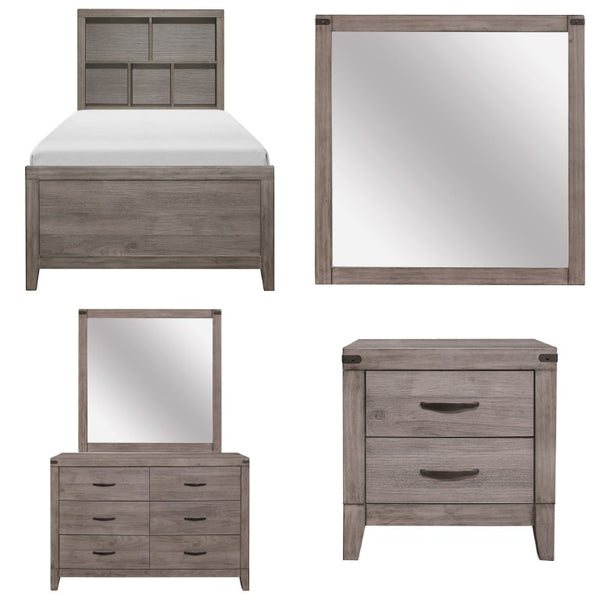 English Elm Twin Platform Bedroom Set Industrial Weathered Wood with Trundle and Bookcase Headboard B011S07437