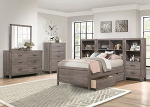 English Elm Twin Platform Bedroom Set Industrial Weathered Wood with Trundle and Bookcase Headboard B011S07437