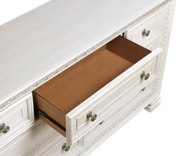 English Elm Eastern King Mansion Bedroom Set Pearl White Ash Veneer with Ornate Molding 6 Piece B011S07450