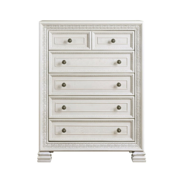 English Elm Eastern King Mansion Bedroom Set Pearl White Ash Veneer with Ornate Molding 6 Piece B011S07450