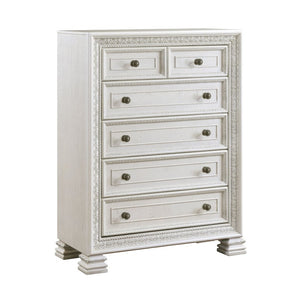 English Elm Eastern King Mansion Bedroom Set Pearl White Ash Veneer with Ornate Molding 6 Piece B011S07450